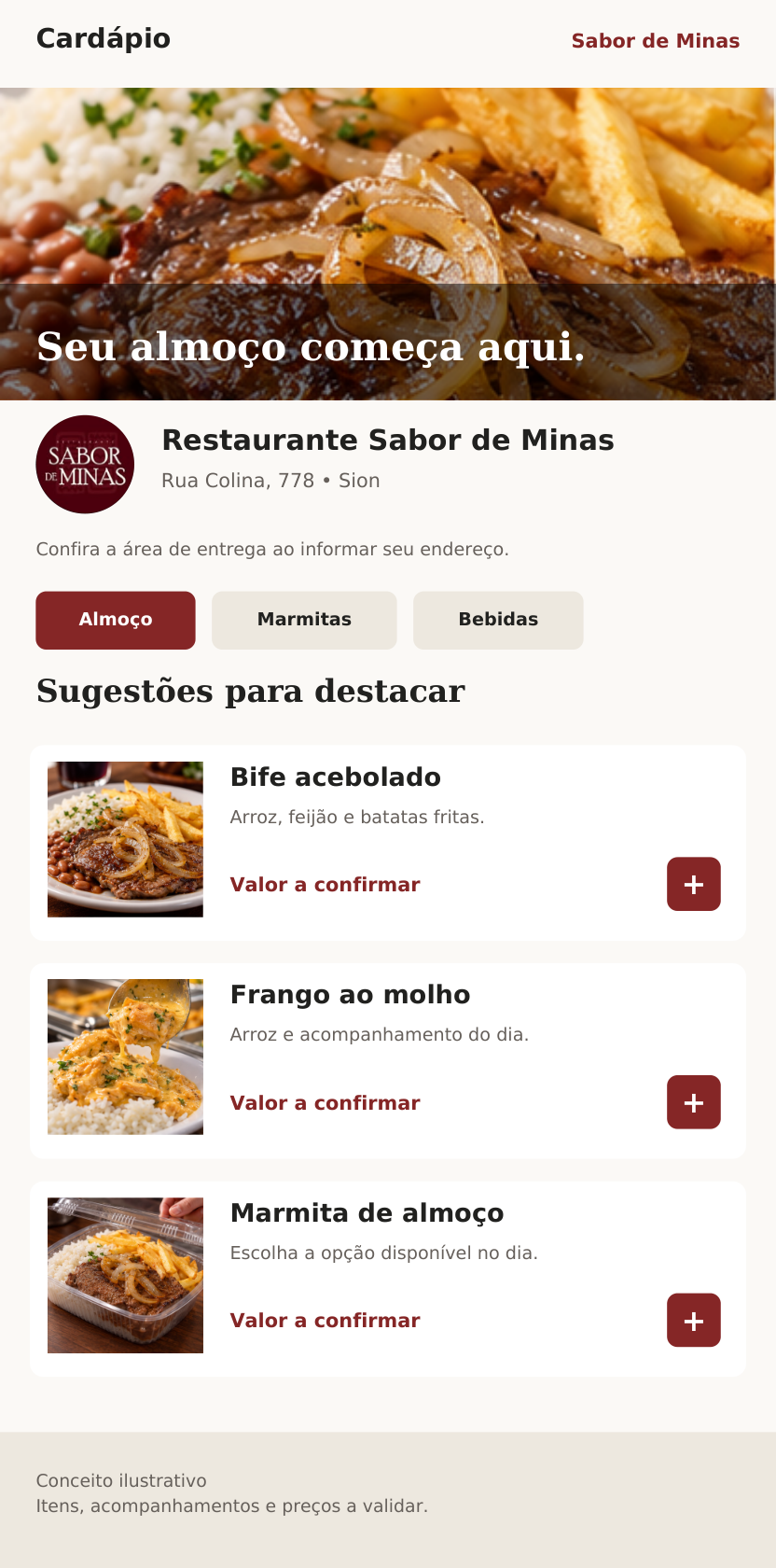 Referência visual de cardápio com categorias e pratos; valores a confirmar
