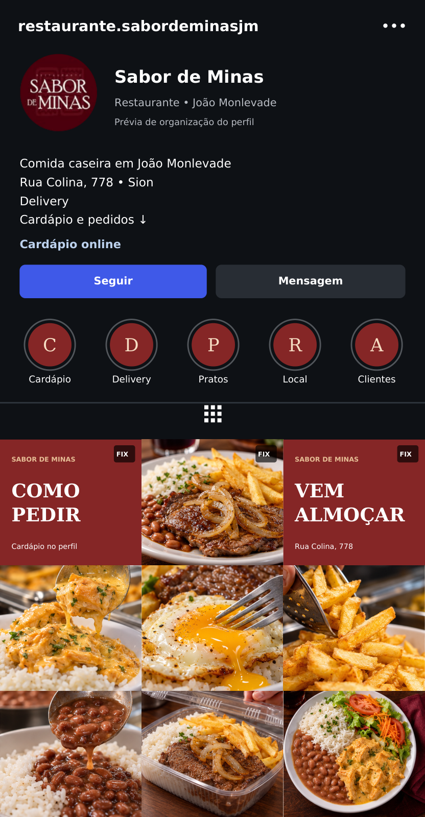 Modelo de organização do Instagram, com bio, destaques e grade em vinho e fotos de pratos